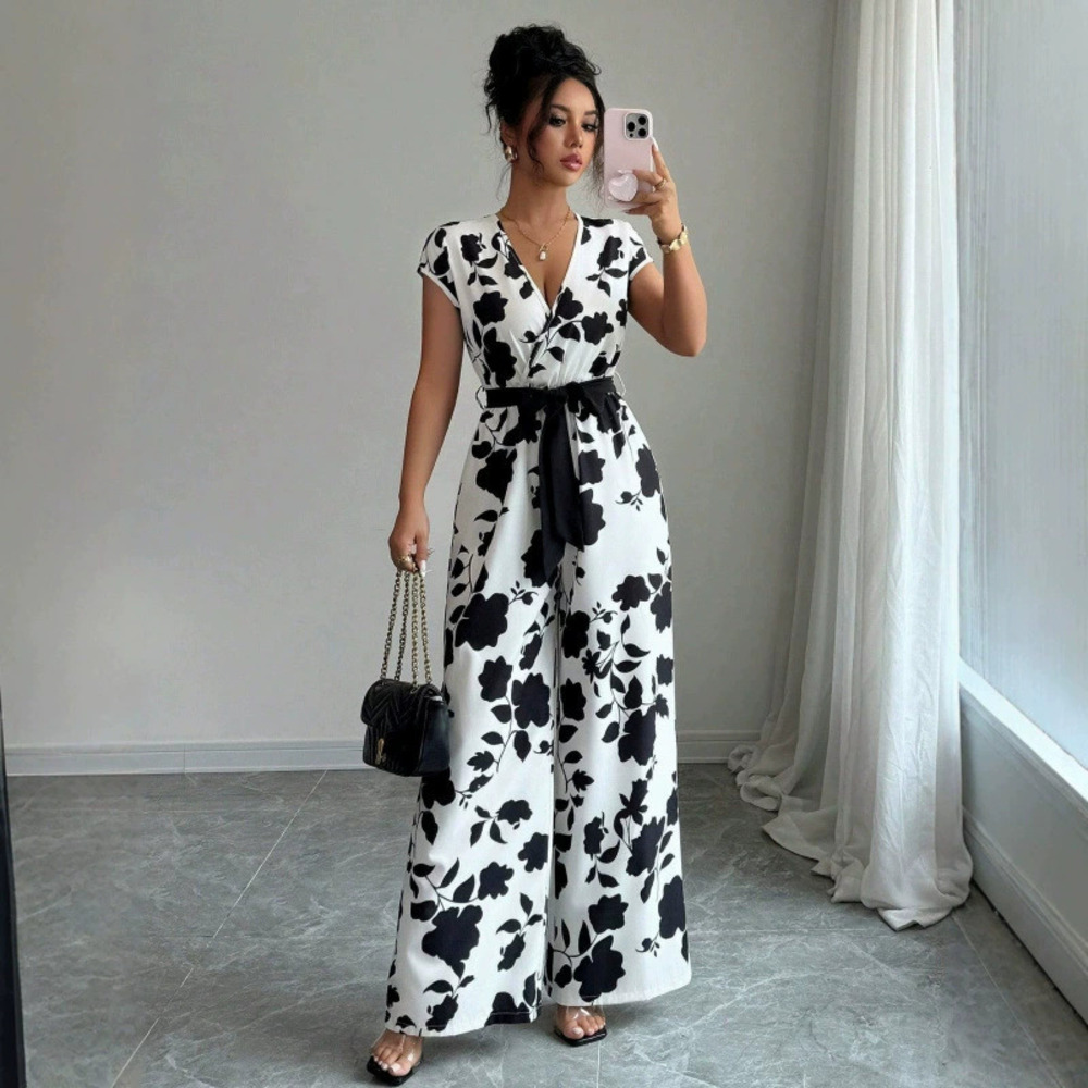 Zara Black Printed White Sleeveless Jumpsuit with Waist Tie